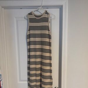 Sleeveless Knit Midi Dress in Cream with Black Stripes
